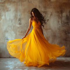 A beautiful woman with brunette hair standing against a wall, wearing a long, flowing yellow dress
