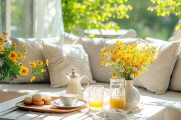 Cozy summer veranda scene with a glass pitcher of lemonade, a cup of tea, biscuits, and vibrant yellow flowers on a sunlit table with comfortable pillows. Concept: eat in nature - Powered by Adobe