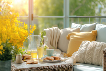 Cozy summer veranda scene with a glass pitcher of lemonade, a cup of tea, biscuits, and vibrant yellow flowers on a sunlit table with comfortable pillows. Concept: eat in nature