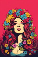 beautiful pop art illustration, a beautiful woman with flower decorations