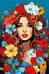 a beautiful pop art illustration, a beautiful woman with flower decorations