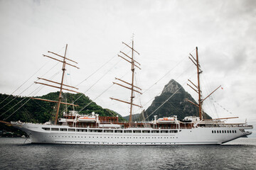 View of large boats near the Pitons off the coast of Saint Lucia near Soufriere