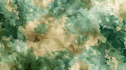 Intriguing Wilderness: Abstract Camouflage Watercolor in Natural Greens and Browns for a Desktop Background
