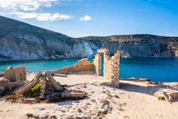 Old ruins of castle with sea view in Firopotamos village, Milos island, Cyclades, Greece