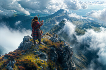 Bagpiper in traditional tartan plays atop a mountain, with sweeping valleys and dramatic skies behind