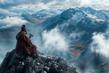Lone bagpiper in a cloak stands on a mountain peak, overlooking a sweeping valley at dusk - obrazy, fototapety, plakaty