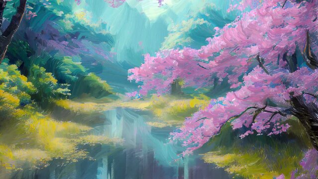 Cinematic parallax animation of picturesque spring landscape with pink sakura cherry tree in full blossom over calm river water. Loopable animated expressive artwork from my own digital art painting.