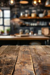 Wooden texture table top, blurry kitchen background