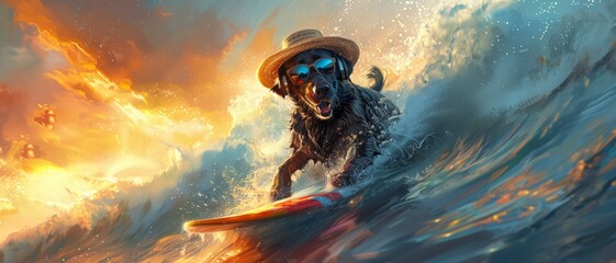 A dog skillfully balances on a surfboard as it rides a towering wave in the ocean. - obrazy, fototapety, plakaty