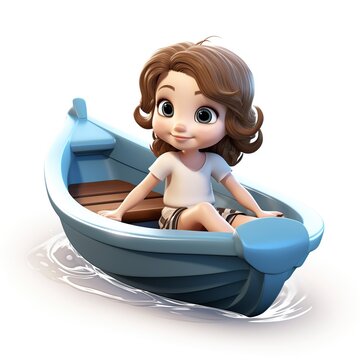3D cartoon illustration, pretty girl sitting on the boat