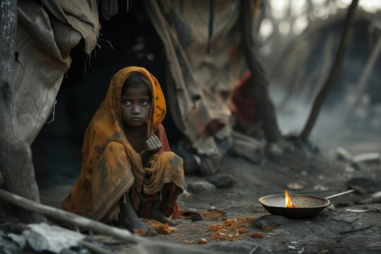 Hunger poverty, the big global social silent problem of mankind, children and adults from filthy slums, Africa, beggar and dirty, in need of help.