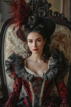 Elegant Vintage: Woman In Baroque Renaissance Style Clothing Reminiscent Of The Victorian Era, A Timeless Portrayal Of Grace And Sophistication In Historical Fashion 19th Century.