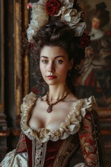 Fototapeta premium Elegant vintage: woman in baroque renaissance style clothing reminiscent of the victorian era, a timeless portrayal of grace and sophistication in historical fashion 19th century.