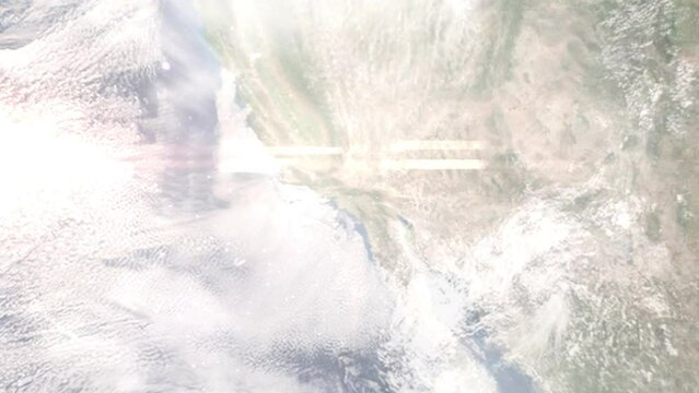 Earth zoom in from space and focus on Duarte, California, USA. 3D Animation. Satellite view. Background for travel intro. Images from NASA