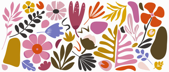 Beautiful collection of flowers, leaves, and colorful elements in pink, orange and green color palette