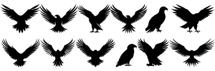 Eagle silhouettes set, large pack of vector silhouette design, isolated white background