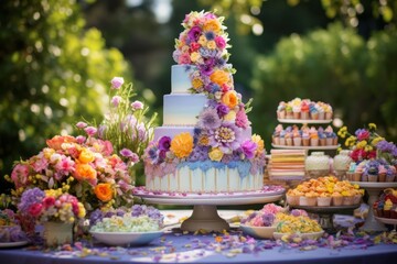 A dessert table at a celebration, featuring a grand birthday party cake, cakestand