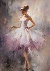 woman white dress pink tutu pointe pose covered oil warm soft subdued color falling love silver shapes perfectly poised female floating