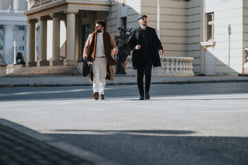 Elegantly dressed men in autumn fashion walking purposefully across a city street, exuding confidence and style.