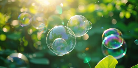 Joyful soap bubbles catching sunlight in a vibrant green garden display