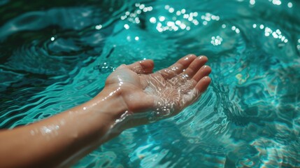 Hand touching water, pool reflection, serene moment, Ai Generated.