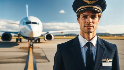 Confident commercial airplane pilot posing on the runway, in front of a passenger jet
