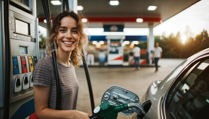 Joyful young woman with gas nozzle in overalls refueling car at gas station - 742037885