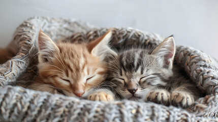 two kittens are sleeping together in a blanket on a bed together - obrazy, fototapety, plakaty