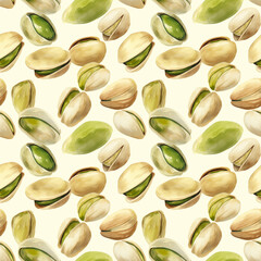 Seamless pattern of pistachios in shell as a food background. Imitation of a watercolor drawing. Design for wallpaper, posters, cards, wrapping paper and textile products.
