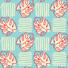 Monstera leaves decorative seamless vector pattern for textile design, fabric print, digital or wrapping paper, wallpaper, background and backdrop, decoration. Tropical summer holiday theme.