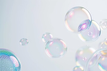 Soap bubbles floating gracefully in mid-air on a clean white background. Elegant and peaceful bubble display.