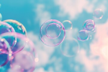 A dreamy pastel wonderland with softly colored soap bubbles gently drifting amid fluffy clouds. Serene and whimsical atmosphere.