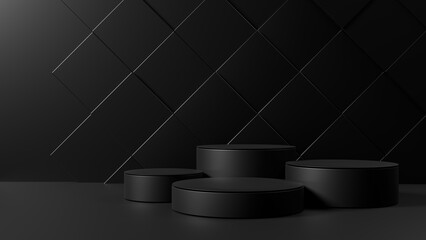 Black empty podium or pedestal for product presentation, showcase of beauty and cosmetics product. Mockup platform. 3d rendering	