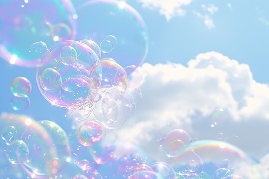 Whimsical scene of softly colored soap bubbles gently drifting in a dreamy pastel wonderland, surrounded by fluffy clouds. A serene and joyful atmosphere.