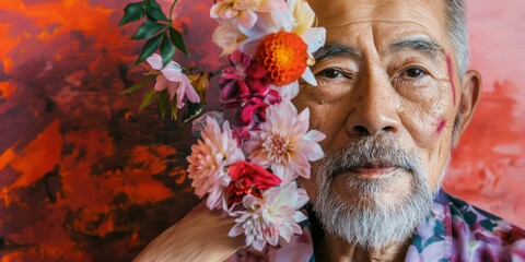 portrait features a senior Asian man with flowers intricately adorning his face, presenting an abstract contemporary art collage.