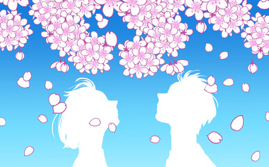 桜の花と人物のシルエットのイラスト