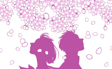 桜の花と人物のシルエットのイラスト