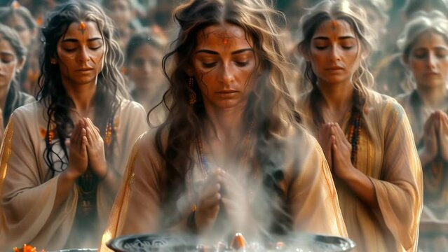 A priestess performs a ritual of purification with resin and herbs: a blessing for worshippers