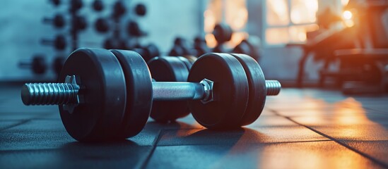 Fitness health, close up of dumbbells in the gym, exercise and sports training