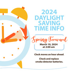 Daylight saving time begins 10 march 2024 banner. Spring Forward Time. Simple banner with alarm clock and info about changing time. Clock change forward one hour. Reminder schedule. USA and Canada - obrazy, fototapety, plakaty