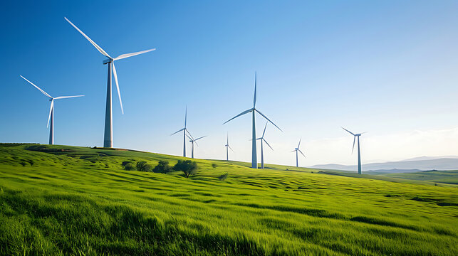 a row of wind turbines in a field of grass with a blue sky in the background