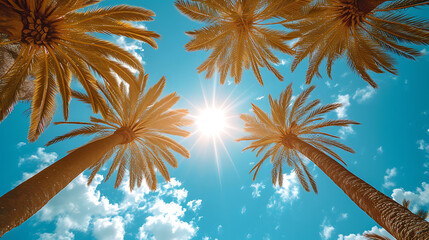 Photograph of palm trees from the ground, looking straight up with a bright summer sky 