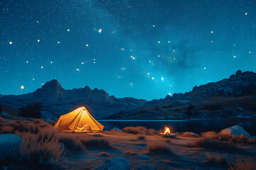 A starry sky photograph taken in the mountains, with a cosy lit up tent in the foreground