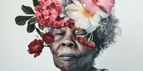 senior black woman with flowers adorning her face, presenting an abstract contemporary art collage.