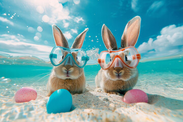 Cute Easter bunnies with snorkel masks hunting pastel eggs on sand sea bottom. Easter travel holidays background - obrazy, fototapety, plakaty