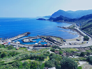 Aerial view of the coastal highway and fishing ports in the northeast corner of Taiwan.