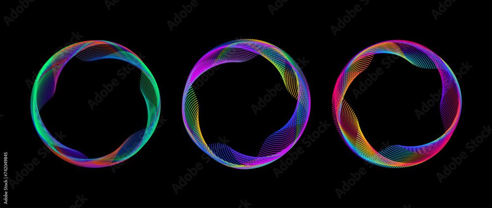 Poster neon iridescent dotted gradient circle set. green, purple, red glow round tech frame collection. cur