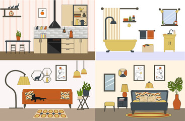 Illustration of the apartment inside. Detailed interior - living room, bedroom, kitchen and bathroom. Collection of furnished rooms. Flat style, vector.