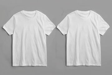 Two white t-shirts are neatly displayed on a plain gray background. The t-shirts are the focal point of the image, showcasing their simple design against the muted backdrop - obrazy, fototapety, plakaty