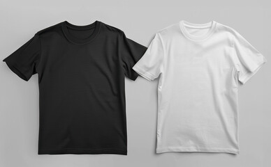 Two black and white t-shirts are displayed on a plain gray background. The shirts are neatly folded, showcasing their design and fit